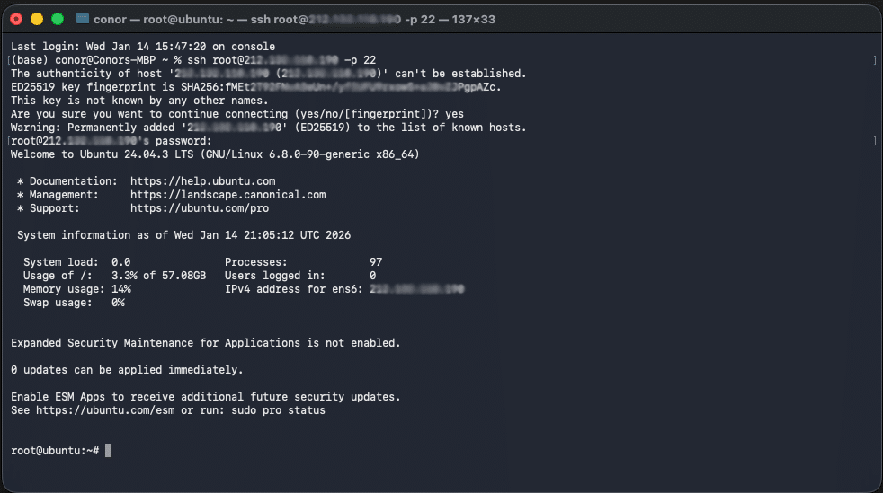 A Screenshot Of A Terminal Window Logging Into An Unmanaged VPS Hosting Server