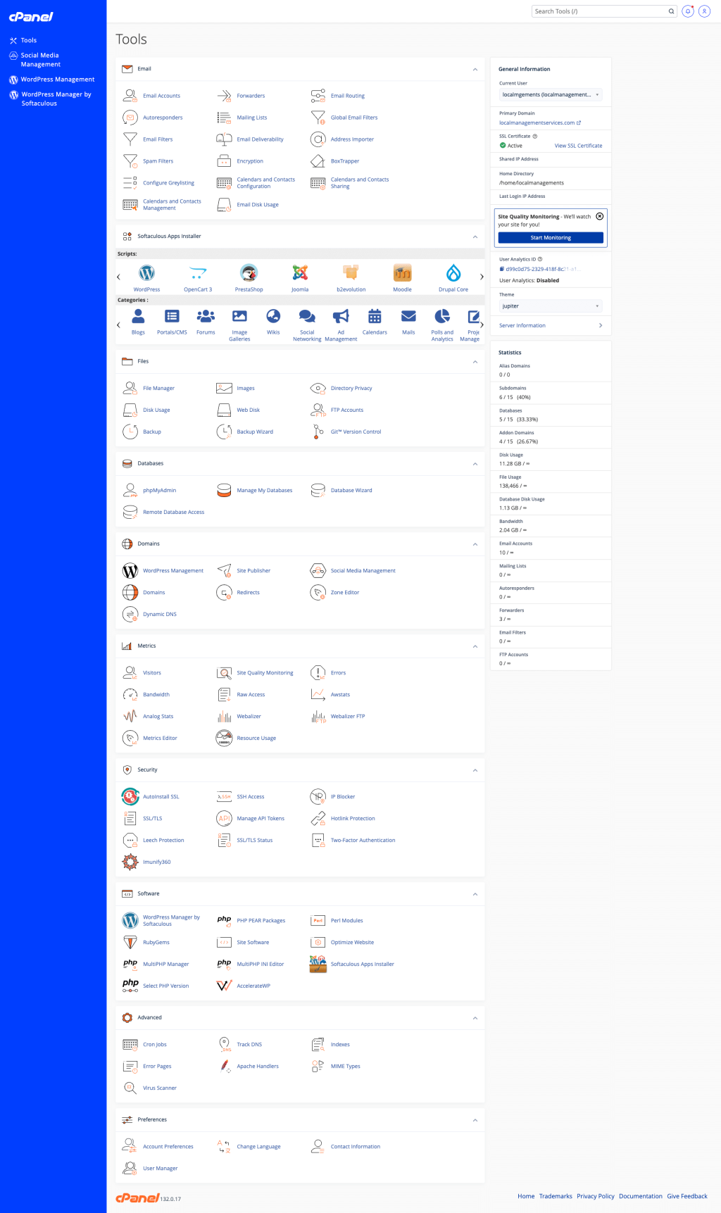 cPanel Dashboard Full Page Screenshot For Shared Website Hosting
