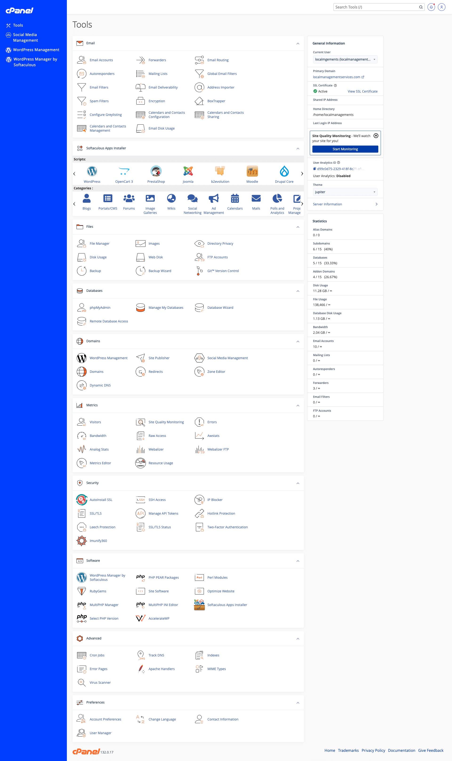 cPanel Dashboard Full Page Screenshot For Shared Website Hosting