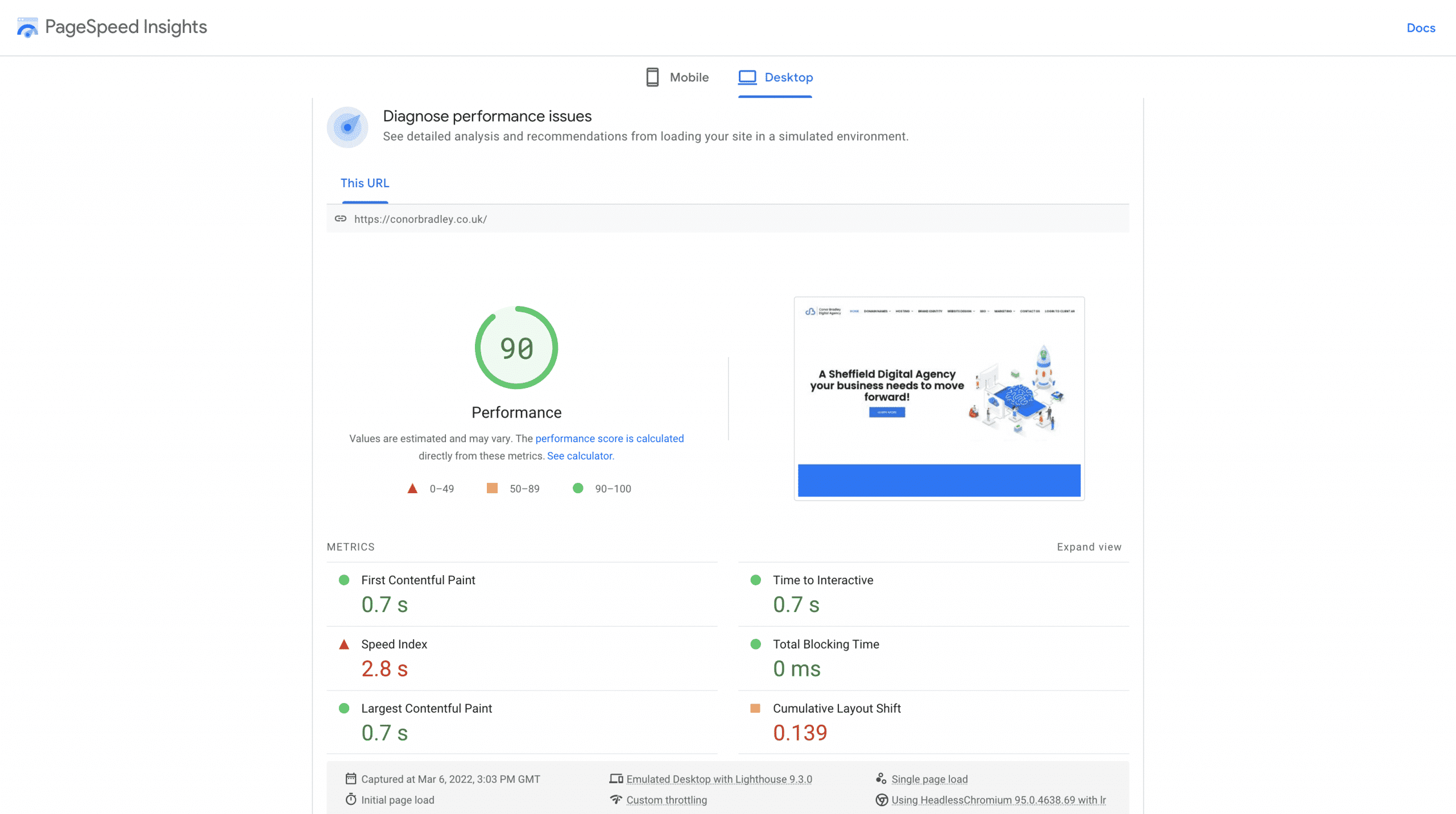 PageSpeed Insights Screenshot Conor Bradley Digital Agency