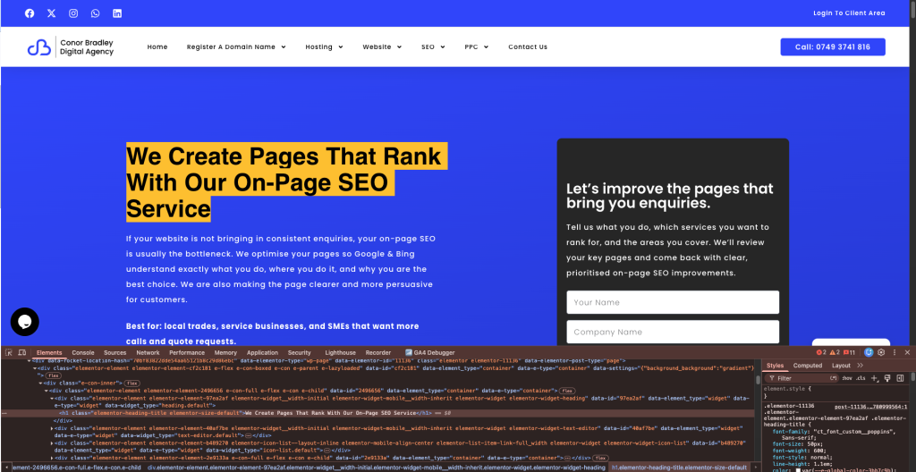 On-Page SEO Service Headings Tag Screenshot Conor Bradley Digital Agency