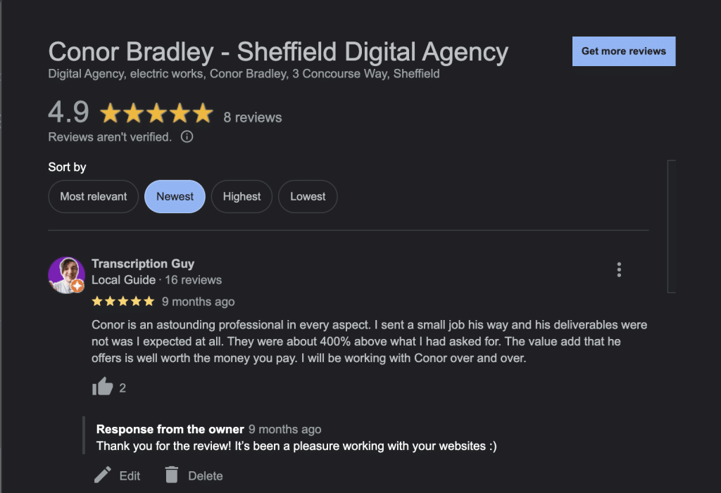 Conor Bradley - Sheffield Digital Agency GMB Reviews Screenshot