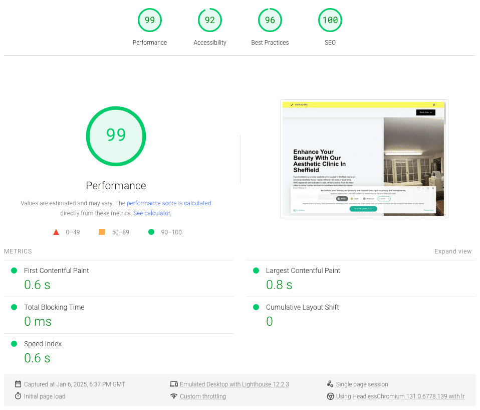 Face Architect Google Page Speed Screenshot