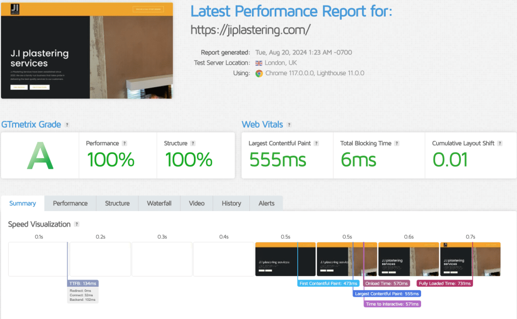 JI Plastering Page Speed Test