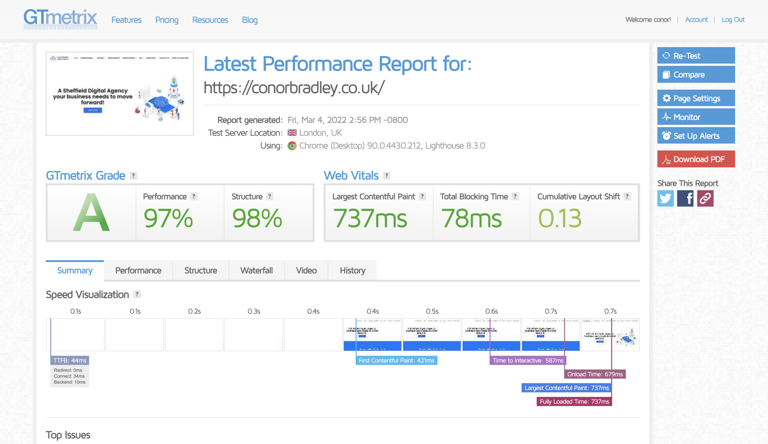 Page Speed Screenshot Conor Bradley Digital Agency