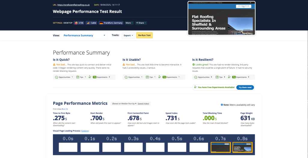 Proficient Flat Roofing website page speed screenshot