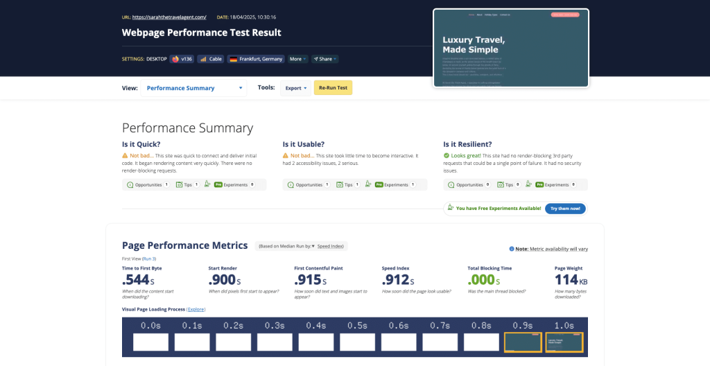 Sarah the Travel Agent Website Page Speed Screenshot