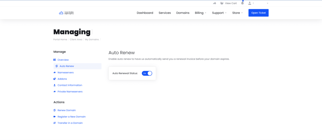 Screenshot Of Domain Auto Renew in Client Portal Conor Bradley Digital Agency