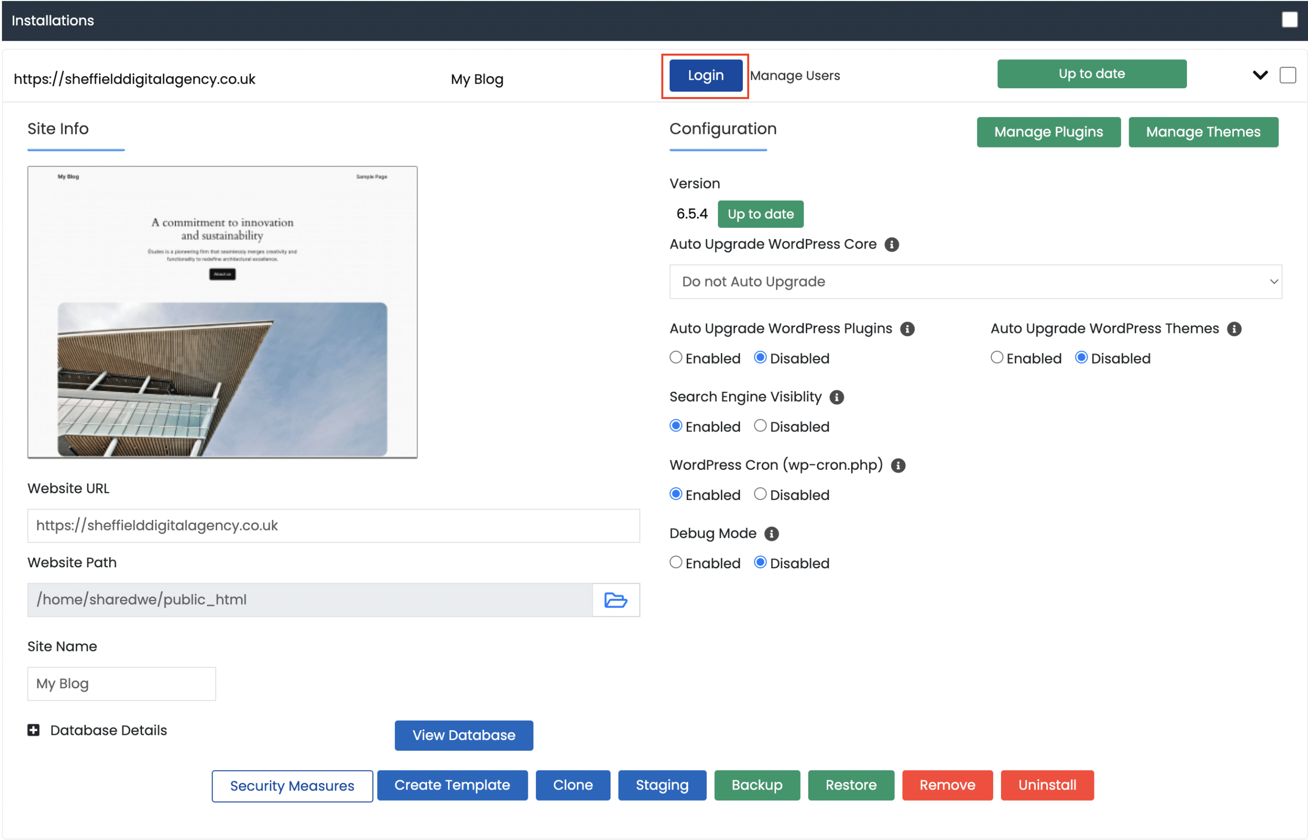 Selecting login inside WordPress Manager by Softaculous screenshot Conor Bradley Digital Agency