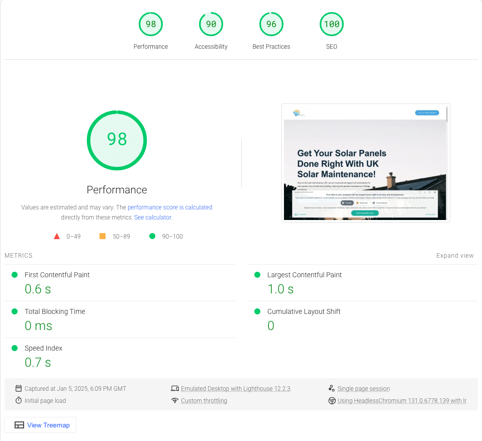 UK Solar Maintenance Google Page Speed Result