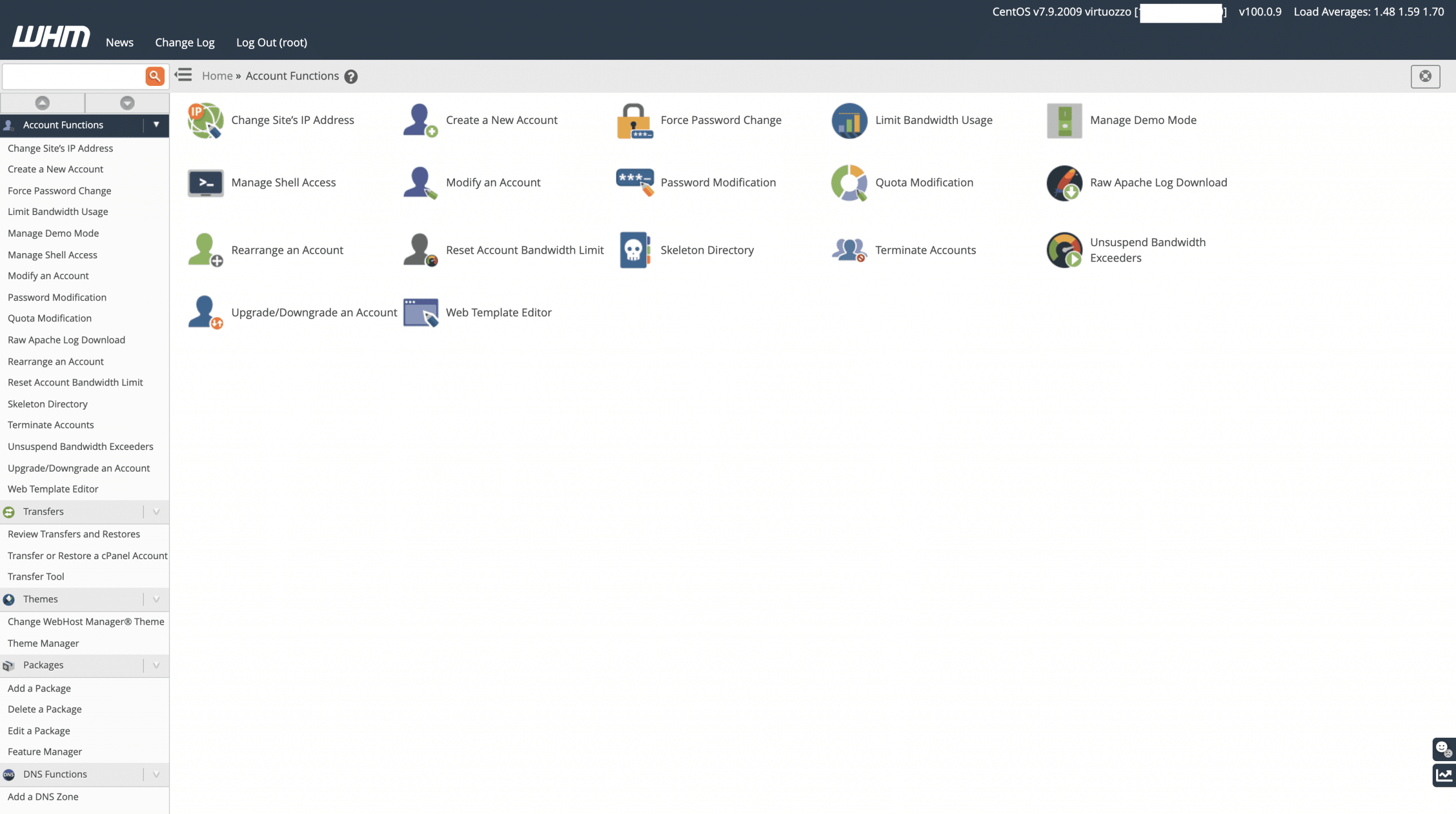 WHM Account Functions Screenshot Conor Bradley Digital Agency