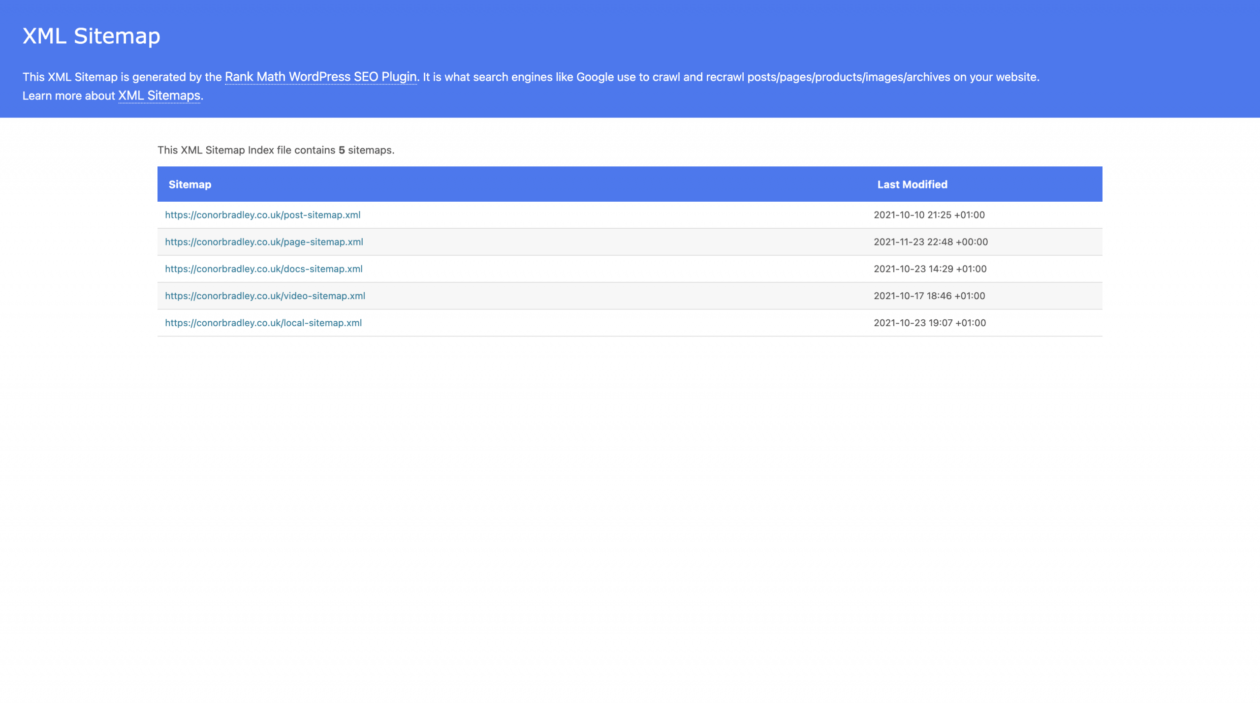 XML Sitemap Screenshot Conor Bradley Digital Agency
