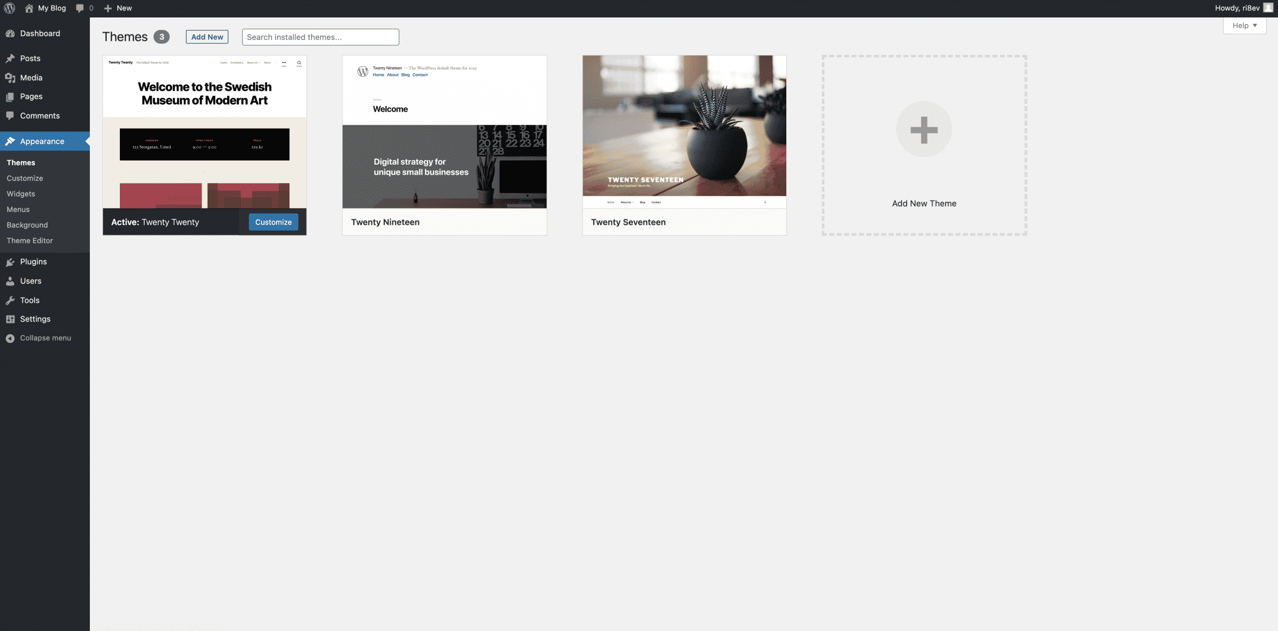 Clicking on add new on the wordpress themes dashboard