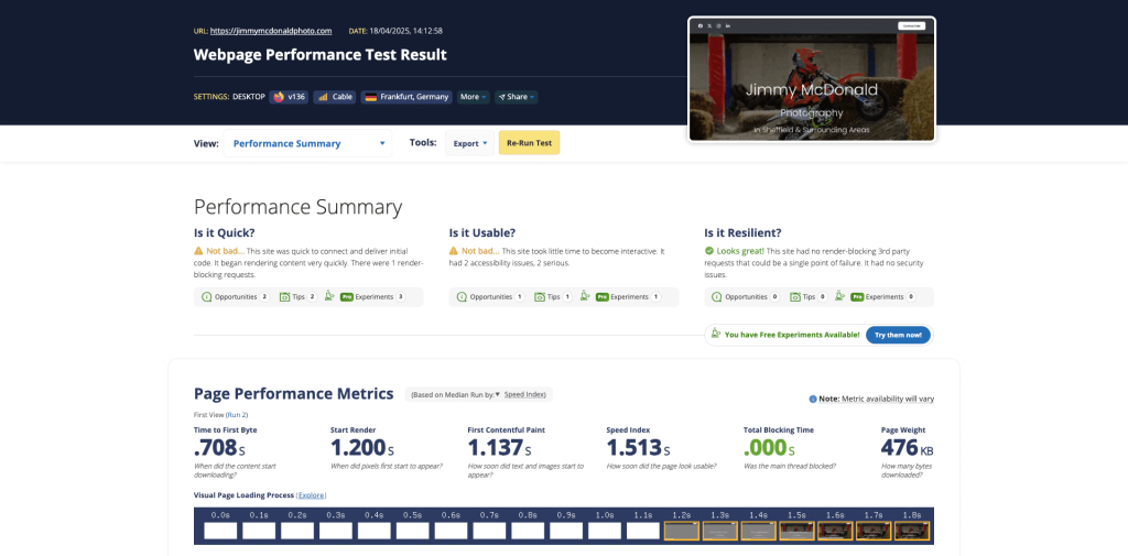 jimmy mcdonald photo webpage speed test screenshot