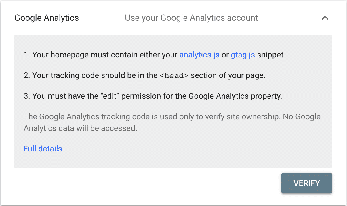 Screenshot of google analytics search console verification conor bradley digital agency