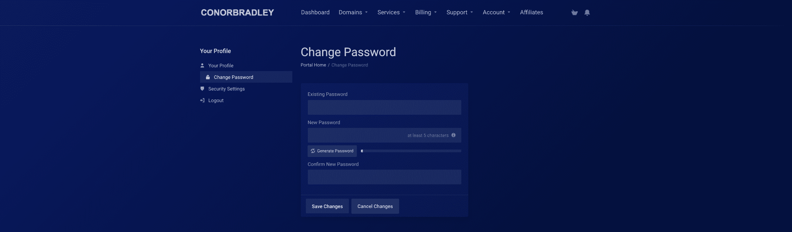 Typing in the correct password then the new password in the change password screen conor bradley digital agency